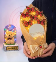 Kişiye Özel Renkli Işıklı Fanus ve Aynalı Led Işıklı Kırmızı Kelebek Buketi – Romantik Hediye Seti (Model 5)