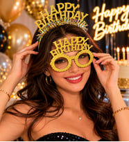 Happy Birthday Simli Gold Taç ve Parti Gözlüğü Seti Doğum Günü Kutlama Aksesuarı