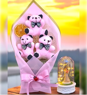 Büyük Boy Pembe Ayıcık Buketi & Işıklı Şans Melekli Fanus  Peluş Ayıcıklar Ayıcık Buketi