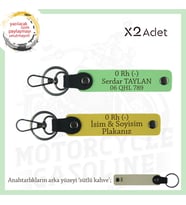Bikerlar İçin Özel, İsim Plaka ve 0 Rh (-) Kan Grubu Yazılı Hediyelik x2 Anahtarlık, Sarı-F Yeşil-SK (Çok Renkli)