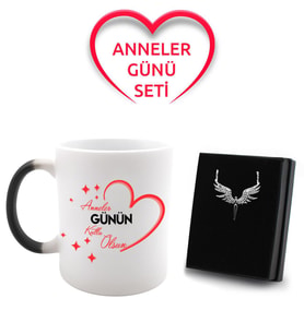 Anneler Gününe Özel Sihirli Kupa & Gümüş Kaplama Mikail Melek Kolye Hediye Seti (Siyah)