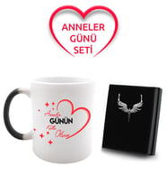 Anneler Gününe Özel Sihirli Kupa & Gümüş Kaplama Mikail Melek Kolye Hediye Seti (Siyah)