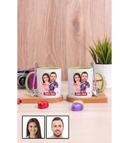Sevgililere Romantik Hediye Karikatürlü İkili Ahşap Altlıklı Yeşil Kupa Bardak