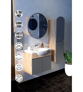 Erciyes Havlu Dolaplı 65cm Seramik Lavabolu MDF Oval Aynalı Banyo Dolabı