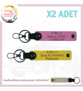 Motosikletçiye Hediye, İsim Plaka, A Rh (+) Kan Grubu Yazılı Acil Durum x2 Anahtarlık, Sarı-Pembe-SK