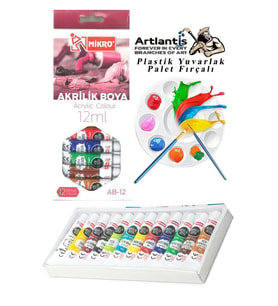 Akrilik Boya Mikro 12 Renk 12 Ml Tüp 1 Paket 12 Li Akrilik Boya Seti ve Yuvarlak Resim Paleti Fırçalı 1 Paket 10 Hazneli Boya Paleti Sanatsal Boyalar İçin Palet Akrilik Boya (Karışık)