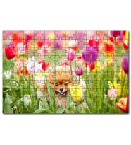 Cakapuzzle Rengarenk Laleler Sevimli Kahverengi Köpek Puzzle Yapboz MDF (Ahşap) (120 Parça)