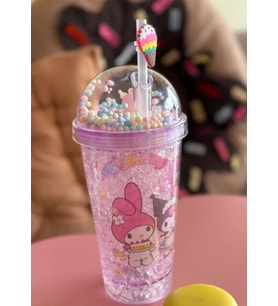 Sanrio Kuromili Şeffaf Fanus Kapaklı Çift Cidarlı Rengarenk Mika Pipetli Bardak Anime Suluk 450ml