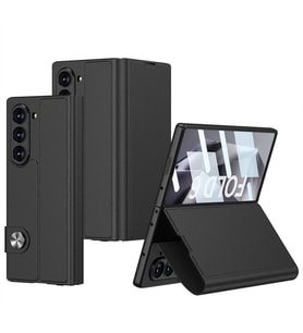 Samsung Galaxy Z Fold 6 Kılıf Suni Deri Tasarımlı Magnetik Tokalı ve Kartlıklı K (Siyah)