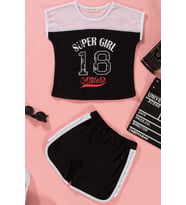 File Detaylı Baskılı Siyah Tshirt Şort Takım