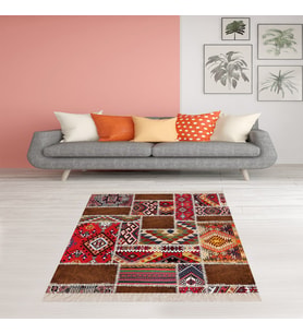 Kilim Desenli Etnik Dijital Baskı Yıkanabilir Kaymaz Taban Modern Salon Halı ve Yolluk (Kırmızı)