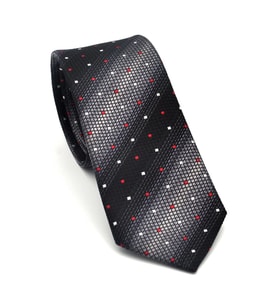 Gri Verev Desenli Siyah Dokuma Kumaş Mendilli Slim Fit Kravat // SDK-2505-1