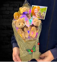 Renkli Led Işıklı Kişiye Özel Fotoğraflı Kahve Ayıcıklı Peluş Ayıcık Buketi (Model 4)