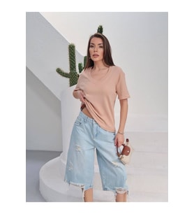 Kadın Massi İnterlok Kumaş V Yaka Oversize T-Shirt