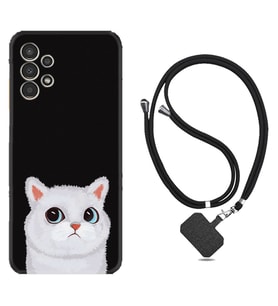 Samsung Galaxy M14 Kılıf Resimli Boyun Askılı İpli Desenli Silikon Series White Cat 1835