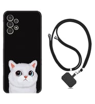 Samsung Galaxy M14 Kılıf Resimli Boyun Askılı İpli Desenli Silikon Series White Cat 1835