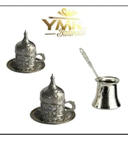 2 KİŞİLİK GÜMÜŞ DESENLİ KAHVE FİNCANI TAKIMI & 2 KİŞİLİK CEZVE