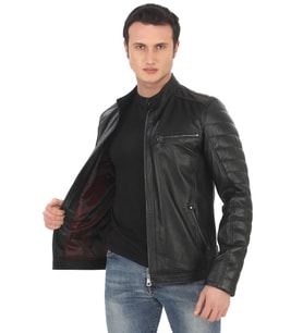 Erkek Hakiki Kuzu Derisi Ceket Siyah Biker Mont Kapitone Kollu Slim Fit El Yapımı Şık Deri Ceket