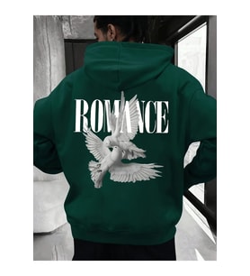 Unisex Romance Sirt Detayli Baskılı Oversize Sweatshirt (Yeşil)