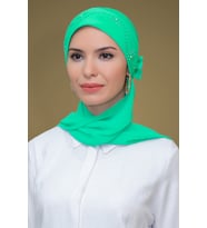 Su Yeşili Pratik Hazır Geçmeli Tesettür Bone Sandy Kumaş Güllü İşlemeli Şifon Atkılı 1206A_32