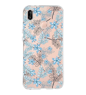 Huawei P20 Lite Uyumlu Kapak Floral Mavi Tasarımlı Şeffaf Silikon Kılıf