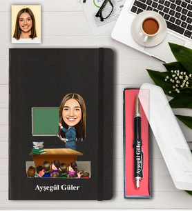 Kişiye Özel Bayan Öğretmen Karikatürlü Defter ve Kalem