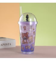Ayıcıklar Işıklı ve Pipetli Bardak, 450 ml, Buzlu ve Kapaklı, Mor, 20x8 (Mor)