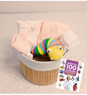 Yenidoğan Hediye - İki Dilli Erken Öğrenme & İlk Konfor Lüks Seti  Benim İlk 100 Bilgilerim Taşıtlar Eşyalar Meslekler (Yuvarlak Hasır Sepet & Tak Çıkar Tırtıl)  Yenidoğan Hediye (Yavruağzı)