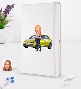 BK Gift Kişiye Özel Plakalı Kadın Volkswagen Golf Karikatürlü Beyaz Termo Deri Defter 16x24cm Model 2