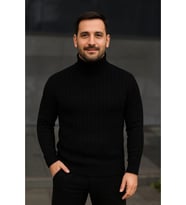 Erkek Balıkcı Yaka Bağazlı Triko Kazak Pamuklu Kalın Fitilli Dokuma, Regular Fit Uzun Kollu Kışlık Model - Siyah