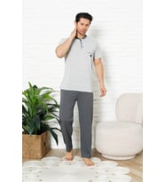 Erkek %100 Pamuklu Pijama Takımı-3 Düğmeli-Yaka Cepli 12384 ENİSENA (Gri)