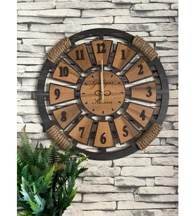 Kişiye Özel Halatlı Dekoratif Ahşap Duvar Saati 50 cm