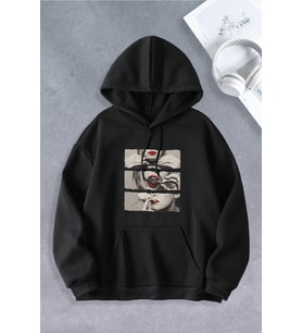 Nevermind Unisex Kadın Erkek Sigara Dudak Modeli Oversize Sweatshirt 2 İPLİK (Siyah)