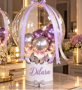 Kişiye Özel İsimli Lila Gümüş Balon Kutusu – Çift Kurdeleli Çiçek Kelebek Buketi Sevgiliye Arkadaşa Hediye
