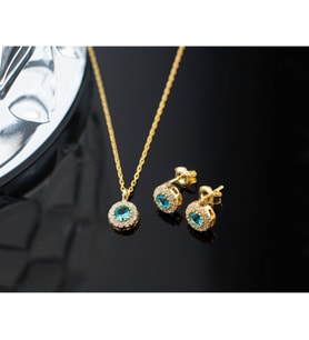 925 Ayar Gümüş Aralık Ayı Doğum Taşı ( Blue Topaz ) Kolye - Küpe Seti