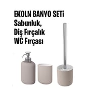  3 Parça Banyo Seti Ekoln Sabunluk, Diş Fırçalık, Tuvalet Fırçası Bej Renk Stoneware 