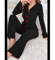 Fantezia Night Kadın Fiyonklu Uzun Kollu Ekru Üst Siyah Alt Pijama Takımı