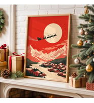 Vintage Noel Baba Kızak Duvar Sanatı, Retro Ren Geyiği Posteri