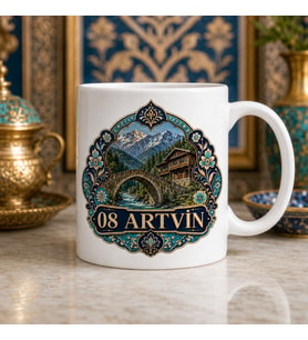Artvin Temalı Memleket Kupası – 08 Artvin Dağlar Taş Köprü ve Yayla Evi Çini Motifli Baskılı Seramik Kupa