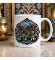 Artvin Temalı Memleket Kupası – 08 Artvin Dağlar Taş Köprü ve Yayla Evi Çini Motifli Baskılı Seramik Kupa