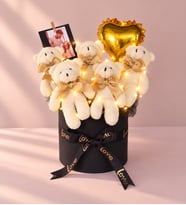 Ng Gifts Premium Gold Kalp Balonlu ve Ledli Kişiye Özel Fotoğraflı 5’li Peluş Ayıcık Silindir Hediye Seti