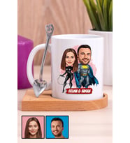 Sevgililere Özel Süper Kahraman  Karikatürlü Ahşap Altlıklı Beyaz Kupa Bardak