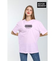 Kadın Büyük Beden Las Angeles Baskılı Bisiklet Yaka Tshırt SPR25BTK909 (Pink)