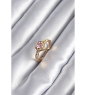 Pirinç Renk Pembe Zirkon Taş Kalp Charm Model Kadın Yüzük