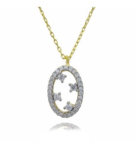 Serpme Taşlı Oval Kolye 925 Ayar Gümüş Zirkon Taşlı Gold Kaplama Kolye (Karışık)