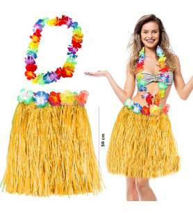 Hawaii Luau Aloha Sarı Püsküllü 50 cm Etek ve Hawaii Kolye Seti