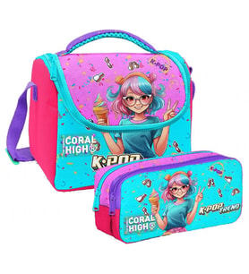 Coral High Kız Çocuk Pembe K-Pop Dondurmalı Kız Thermo Beslenme Çantası ve İki Bölmeli Kalemlik Seti