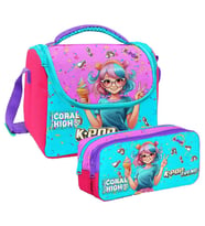 Coral High Kız Çocuk Pembe K-Pop Dondurmalı Kız Thermo Beslenme Çantası ve İki Bölmeli Kalemlik Seti
