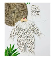 Kız Bebek Beyaz Kahve Leopar Desenli Bereli Fistolu Tulum