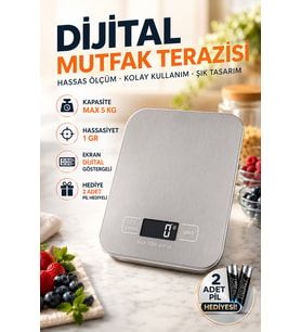 Dijital Mutfak Terazisi 5 Kg 1 Gr Paslanmaz Çelik Pil Hediyeli